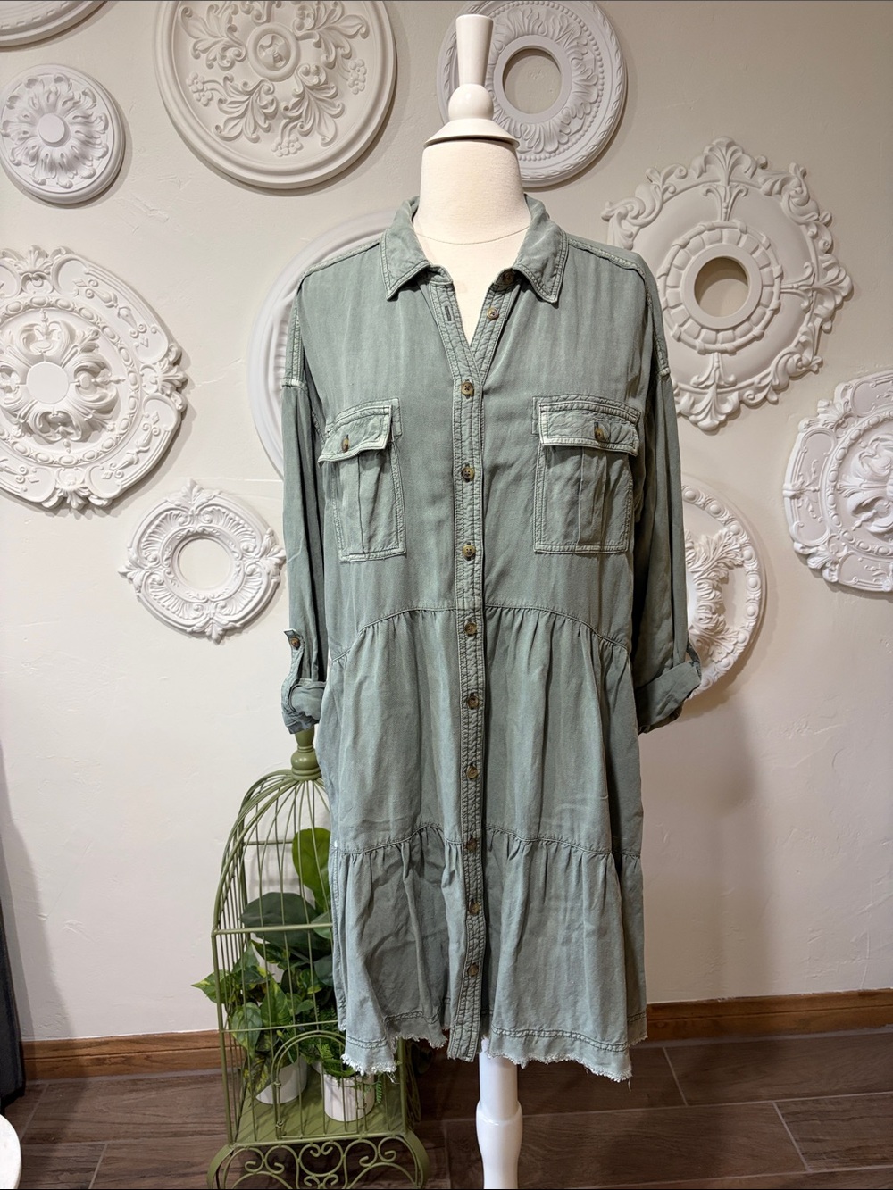 Pilcro Washed Sage Button-Front Tiered Shirt Dress